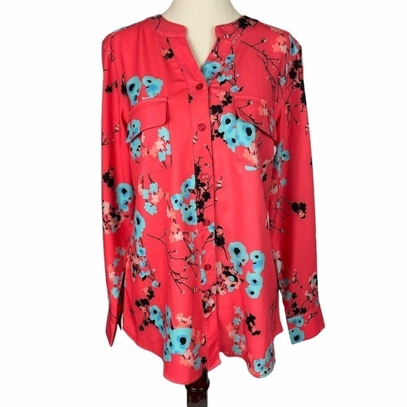 D & CO Coral Floral Long Sleeve Button Up Top - Picture 1 of 7
